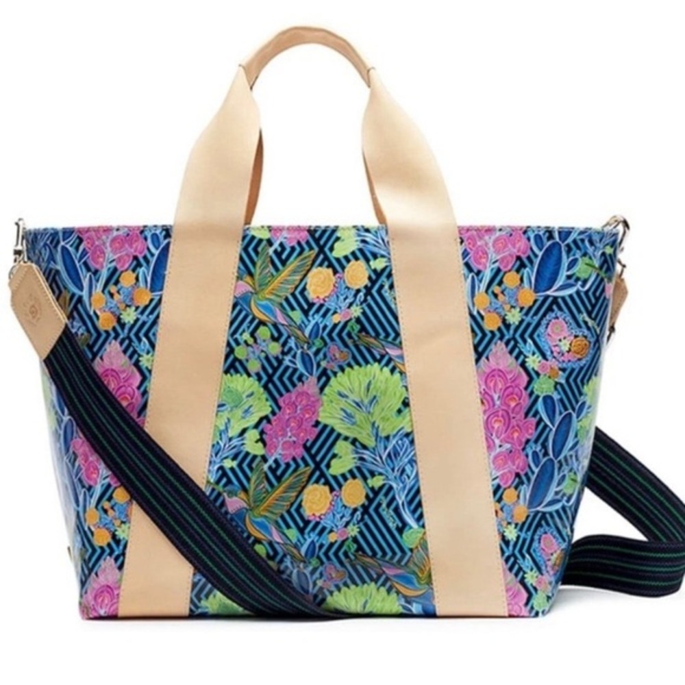 Consuela Floral Blue Multicolor Tote with Tan Handles